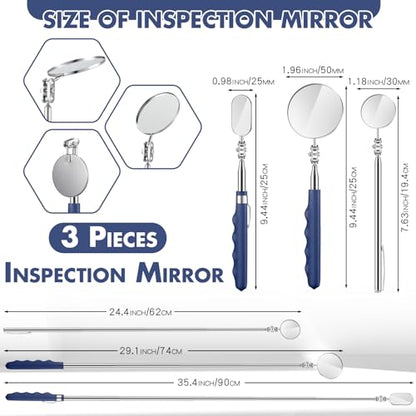 3 Pcs Telescoping Inspection Mirror,50/25/30 mm,Round,Oval,Round | Extendable Mechanic Stainless Steel Mirror with Long Handle Tool for Technicians Mechanics Contractors - size: 50/25/30 mm, style: Round,Oval,Round