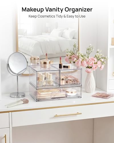 Vtopmart Stackable Storage Drawers Set of 3,Clear Plastic Organizer Bins for Makeup, Cosmetics, Beauty Supplies,Ideal for Vanity, Bathroom,Cabinet,Pantry Organization - style: 2 Small+1 Wide