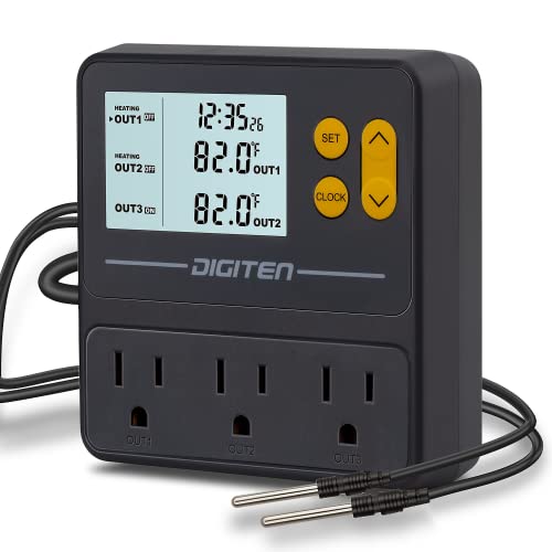 DIGITEN Day-Night Reptile Temperature Controller with Timer | 3-Stage Thermostat Outlet, Cooling & Heating Mode for Terrarium, Ball Python, Bearded Dragon, Heat Mat,Mushroom, Fermentation