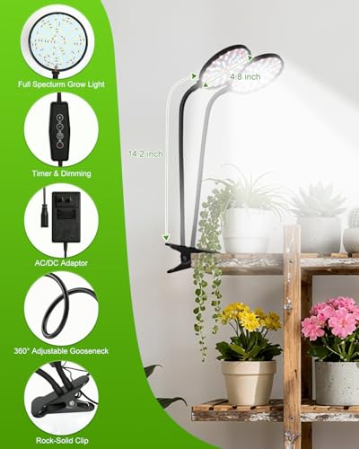 Clip On Grow Lights for Indoor Plants, High PAR & PPFD Full Spectrum Plant Light with Auto On/Off Timer, 5 Dimmable Levels, Flexible Gooseneck LED Grow Lamp for Indoor Growing - size: 4.8-inch Dual Head