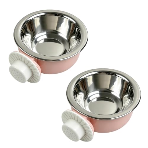 2Pcs Pets Lightweight Stainless Steel Bowl,Removable Stainless Steel Pet Hanging Food Water Feeder Bowl for Puppy Dog Cat Rabbit Ferret Bird Gunea Pigs (Pink-Small) - size: Pink-Small