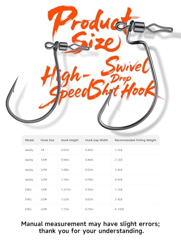 40-Pack Swivel Drop Shot Hooks, Weedless Wide Gap Quick Clip Hooks, Premium Carbon Steel Sharp Anti-Twist Rust-Proof Fishing Hooks, Easy Rigging for Bass Senko Worms Wacky Finesse Fishing - size: EWG1/0