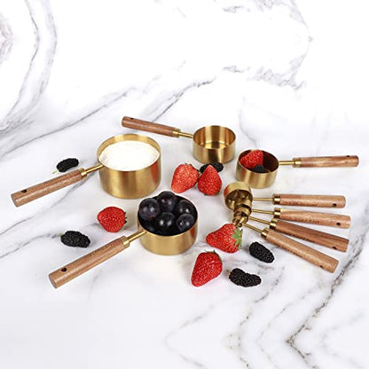 Collection 8 Piece Gold Measuring Cups Set and Measuring Spoons, Golden With fragrant wood Handles-Complete Set of Measure Cups and Spoons For Cooking and Baking.… - color: Gold