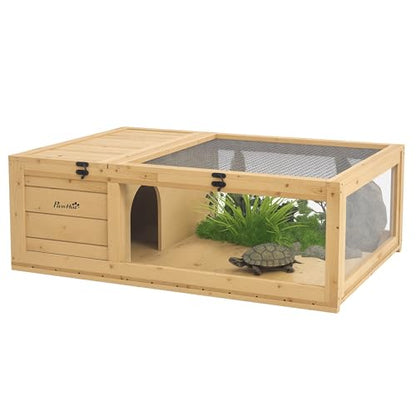 PawHut Wooden Tortoise House Indoor Turtle Habitat Enclosure Outdoor Reptile Cage for Lizards, Geckos, Yellow | Outdoor Reptile Cage, for Lizards, Geckos