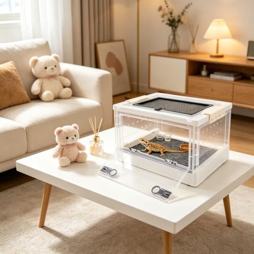 Foldable Reptile Glass Terrarium Tank, Pet Enclosure with Ventilation Mesh | Clear Small Space-Saving Desktop Habitat Carrier with Safety Latchesfor Bearded Dragon, Geckos, Snakes - color: White
