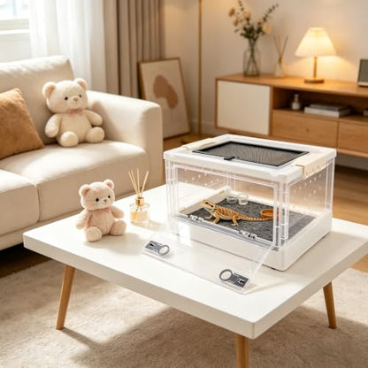 Foldable Reptile Glass Terrarium Tank, Pet Enclosure with Ventilation Mesh | Clear Small Space-Saving Desktop Habitat Carrier with Safety Latchesfor Bearded Dragon, Geckos, Snakes - color: White
