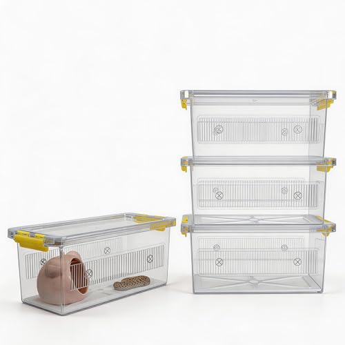 4 Pack ABS Reptile Breeding Box with 100 Non-Woven Pads Each – Stackable Reptile Enclosure for Snakes, Lizards & Spiders – Ventilated Hatchling Reptile Terrarium 8.7x4.3x3.9 Inch