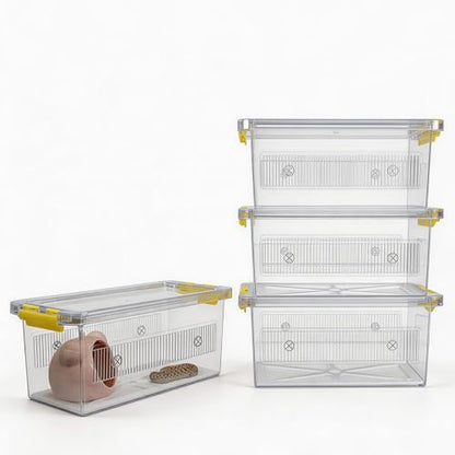 4 Pack ABS Reptile Breeding Box with 100 Non-Woven Pads Each – Stackable Reptile Enclosure for Snakes, Lizards & Spiders – Ventilated Hatchling Reptile Terrarium 8.7x4.3x3.9 Inch