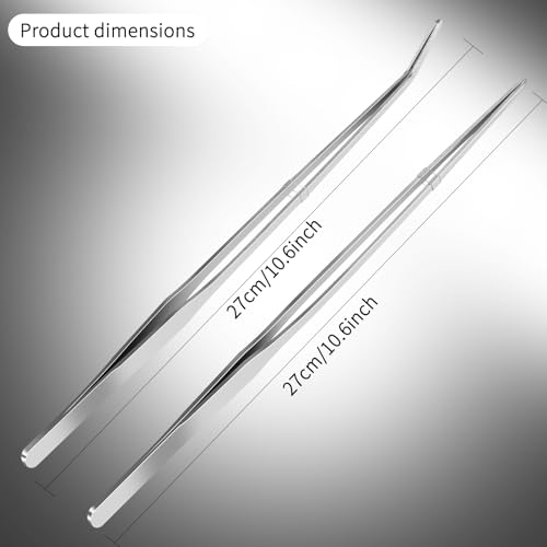 2pc-10.6"Aquarium Tweezers,Stainless Steel Straight and Curved Tweezers Set,Long Handle Reptile Feeding Tongs for Lizards, Bearded Dragon Snake Tank Accessories (Silver) - color: Silver