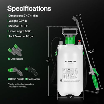 VIVOSUN 1.6 Gal/6L Pump Sprayer, Garden Water Sprayer | for Plants, Weeds & Lawn Care, with 3 Nozzles, 50'' Long Hose & Pressure Relief Valve - size: 1.6 gal
