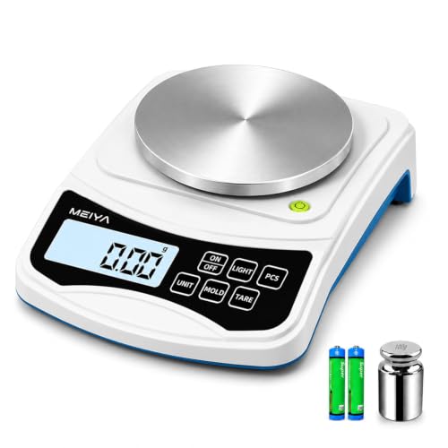 MEIYA Digital Lab Scale, 1000g by 0.01g Gram Scale Accuracy, Multi-Function High Precision Electronic Scale (Includes 100g Weight and 2 x AAA Batteries) Balance Scale Approved by EU CE and US FCC