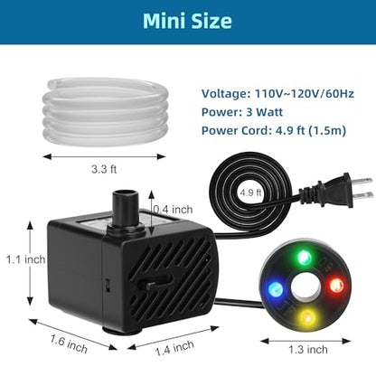 DaToo Mini Submersible Fountain Water Pump With LED Light 50GPH 3W Small Ultra Quiet Water Pump With Tubing For Aquarium Fish Tank Outdoor Pond Water Feature Fountain Statuary - size: 50GPH 3W(4 LED)
