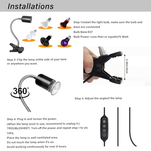 Reptile Heat Lamp with Clamp, Aquarium Turtle Tank Basking Light with 360° Rotatable, Timing, Dimming and 2 Pcs 50W UVA UVB Heat Light Bulb for Turtle, Lizard, Snake, Beared Dragon, Amphibians - size: Reptile Lamp-Dimmable and Timer