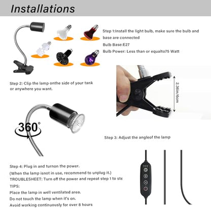 Reptile Heat Lamp with Clamp, Aquarium Turtle Tank Basking Light with 360° Rotatable, Timing, Dimming and 2 Pcs 50W UVA UVB Heat Light Bulb for Turtle, Lizard, Snake, Beared Dragon, Amphibians - size: Reptile Lamp-Dimmable and Timer