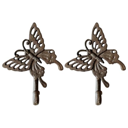 Rustic Butterfly-Shaped Decorative Wall Hook Rack Hangers for Hanging Clothes, Coats, Towels, Keys, and Hats, 2-Pack Antique Cast Iron Mounted Wall Hooks - color: Butterfly