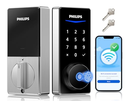 Philips Wi-Fi Smart Door Lock, Fingerprint Door Lock | APP Remote Unlock, Alexa Google Voice, 100 User Codes, Anti-Peep, Backlit Touchscreen, Waterproof, Includes 8 Batteries - color: Satin Nickel