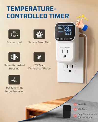 DEWENWILS Smart WiFi Temperature Controller Outlet, 15A/1800W, 24H Timer | Bluetooth APP Remote Control, Schedule Timer, for Greenhouses, Incubators, Brewing, Reptiles, Garages