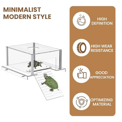 Dethan Acrylic Turtle Topper Basking Platform for 40 Breeder & 75 Gallon Tanks, Above-Tank Aquatic Turtle Dock with Ramp, Stable Terrace Bask Area for Aquatic Reptiles & Tortoises, Transparent