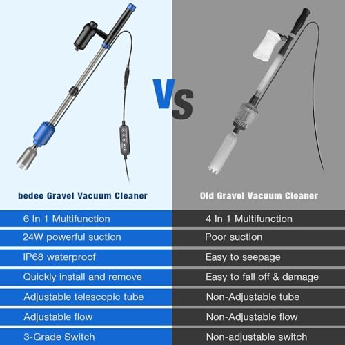 bedee Aquarium Vacuum Gravel Cleaner, 24W Electric Fish Tank Cleaner Vacuum, Automatic Water Change, Wash Sand, Water Circulation and Timed Off，Blue