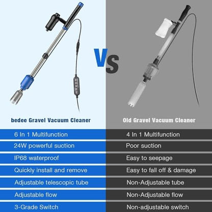 bedee Aquarium Vacuum Gravel Cleaner, 24W Electric Fish Tank Cleaner Vacuum, Automatic Water Change, Wash Sand, Water Circulation and Timed Off，Blue