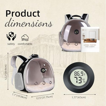 Bearded Dragon Backpack Carrier w/Reptile Thermometer Hygrometer, Clear Bubble Window Astronaut Space Capsule Travel Bag for Leopard Gecko, Ball Python, Lizard, Hermit Crab, Spider, Guinea Pig - color: Black