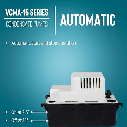 Little Giant VCMA-15UL 115 Volt, 65 GPH, 1/50 HP Automatic Condensate Removal Pump for HVAC/Refrigeration Systems/Dehumidifiers (no safety switch), 6-Foot Cord, Black/White, 554401 | 6' cord w/ plug, No safety switch, 1/50 HP, 15' shutoff, Automatic, 1/2