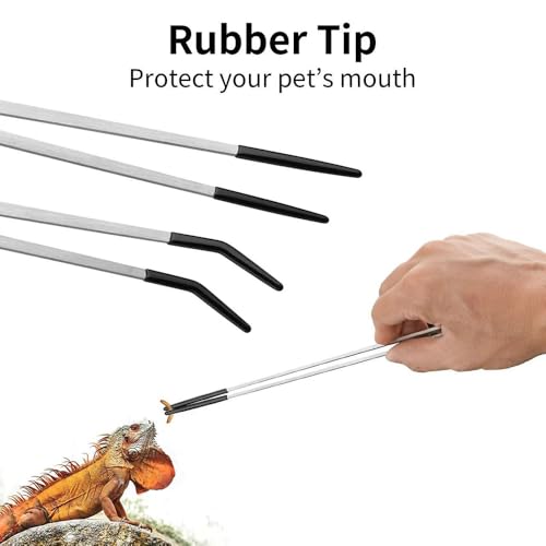 3PCS Stainless Steel Reptile Feeding Tongs with Rubber Tip,10.6” Straight&Curved Long Aquarium or Craft Tweezers,Bearded Dragon Reptile Gecko Frog Snakes Tank Enclosure Accessories (Tweezers&Spoon)