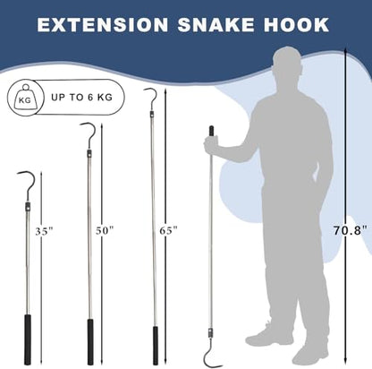 Snake Hook Heavy Duty, Snake Hook Retractable 35"-65" Catcher Hook for Rattlesnakes Ball Python Rattle Cobra Removal Non-Slip Foam Handle and Thickened Stainless Steel - size: 65inch