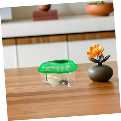 Portable Reptile Feeding Tank with Enclosed Lid Small Green Pet Transport Container for Snake Breeding Turtle and Crab Catching Convenient Handle Sunbathing Platform
