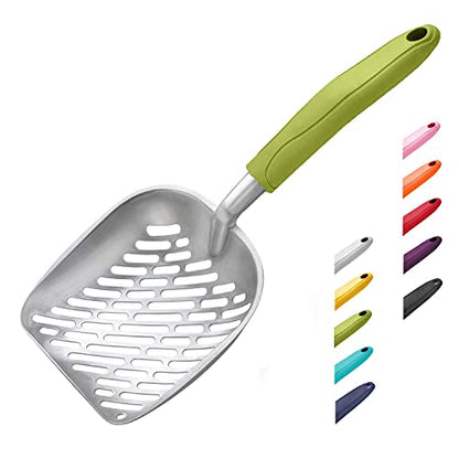 Cat Litter Scoop, Aluminum Alloy Sifter, Kitty Metal Scooper, Deep Shovel with Diagonal Sifting Hole, Long Handle, Kitten Poop Lifter for Litter Box, Large Size, Green Handle - color: #03 Green, size: Large
