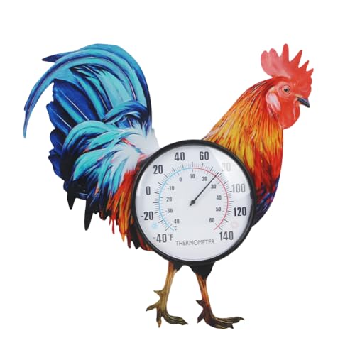 15" Rooster Outdoor Thermometer, No Need Battery | Metal Indoor Wall Thermometer, Outside Thermometer with Large Number for Patio Home Room Decor - color: Red Rooster