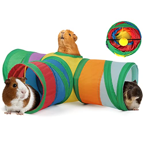 YUEPET Guinea Pig Tunnel, 3-Way Collapsible Play Tubes with Ball, Rainbow | Guinea Pig Tunnel Hideout, Guinea Pig Toys, Hanging Play Chewing Ball, Peekaboo Opening, Folds for Storage, 5.9 in Entrance - color: Rainbow
