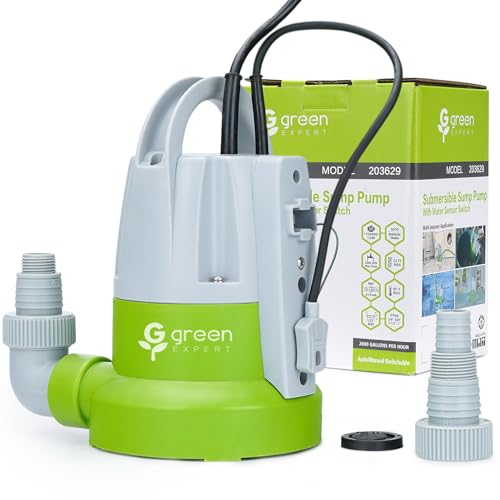 Green Expert 1/3HP Submersible Sump Pump with Water Sensor Switch, Low Water Last-Inch Drain Pump, 2000GPH Automatic/Manual Water Removal for Flooded Basement, Garage, Hot Tub Easy to Use Backup Pump