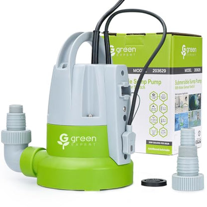 Green Expert 1/3HP Submersible Sump Pump with Water Sensor Switch, Low Water Last-Inch Drain Pump, 2000GPH Automatic/Manual Water Removal for Flooded Basement, Garage, Hot Tub Easy to Use Backup Pump