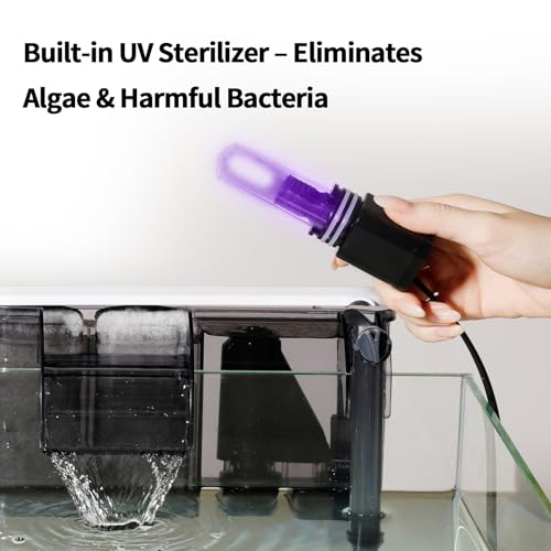 U3 HOB Aquarium Filter with UV Clarifier for 30-75 Gal Tanks | 2000mL media chamber, adjustable flow, extended intake, anti-overflow walls and quiet operation for green water control