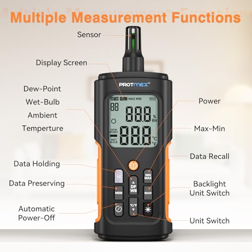 YT606 Temperature Humidity Meter High Precision Digital Hygrometer with Ambient, Relative Humidity, Dew Point, Wet Bulb Thermometer for Indoor Outdoor, Digital Thermometer Min/Max Hold, LCD Backlight | High Precision Hygrometer with Ambient, Relative Humi