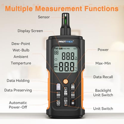 YT606 Temperature Humidity Meter High Precision Digital Hygrometer with Ambient, Relative Humidity, Dew Point, Wet Bulb Thermometer for Indoor Outdoor, Digital Thermometer Min/Max Hold, LCD Backlight | High Precision Hygrometer with Ambient, Relative Humi