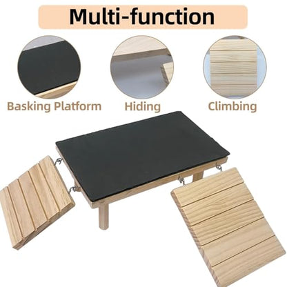 Wooden Bearded Dragon Platform Reptile Basking Platform with Slate Stone Tank Accessories for Leopard Gecko Lizard Turtle Snake (Large, 11.8 × 7.9 Inches)