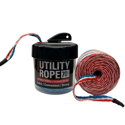Rapid Rope Canister, 70ft Patriot Tactical Paracord, 1100lb Test, USA Made | Heavy Duty Poly Rope Test Cord, Non-Tangle Dispenser Included, For Hiking, Camping, Survival, Utility, Stocking Stuffer, Gift - size: 70ft, style: Patriot