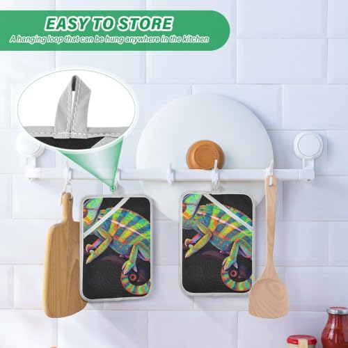Pot Holder Set 170℃ Heat Resistant | 8mm Thick Padding BBQ，Microwave Two Piecing Vibrant Rainbow Reptile on Branch