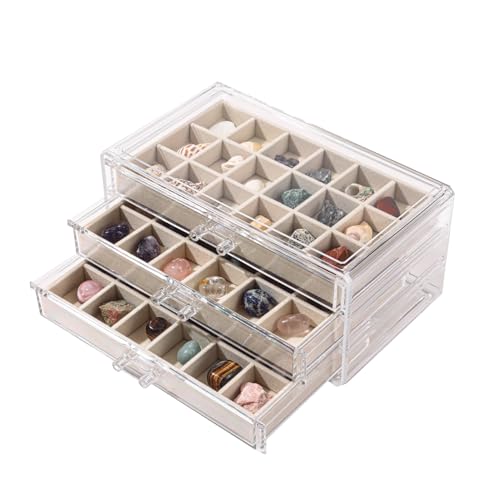 CLUQMEIK Acrylic Rock Collection Display Case with 54 Grids Storage Compartments Rock Collection Boxes Display Organizer Collection Storage Display Cases for Collectibles Crystal /Rock（Beige） - size: Beige