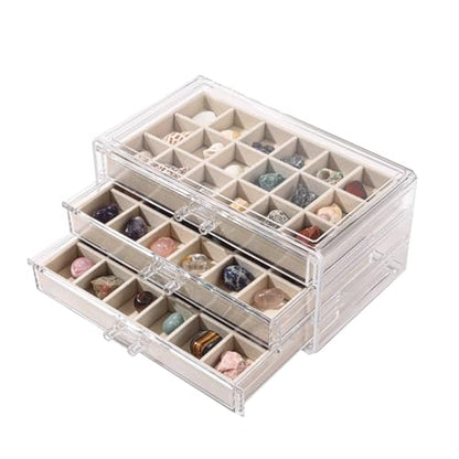 CLUQMEIK Acrylic Rock Collection Display Case with 54 Grids Storage Compartments Rock Collection Boxes Display Organizer Collection Storage Display Cases for Collectibles Crystal /Rock（Beige） - size: Beige