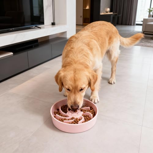 Ceramic Slow Feeder Dog Bowl, 3 Cup Dog Food or 25oz Water, Slow Eating Bowl for Middle Breed, Maze Puzzle Feeder for Fast Eaters, Anti-Choking Stop Bloat, Non-Slip BPA Free (Pink) - color: Pink
