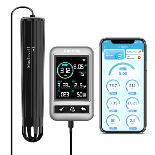 Digital Aquarium Water Tester with App Alerts | 7 Parameter Smart Aquarium Monitor for pH ORP EC TDS Salinity SG Temp, Freshwater & Saltwater Tanks - color: Glossy Black & Metal Gray