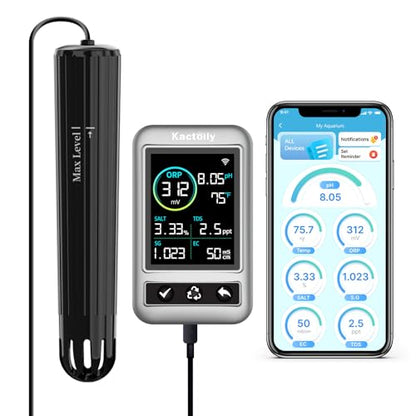 Digital Aquarium Water Tester with App Alerts | 7 Parameter Smart Aquarium Monitor for pH ORP EC TDS Salinity SG Temp, Freshwater & Saltwater Tanks - color: Glossy Black & Metal Gray