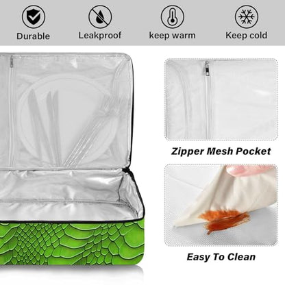 Green Snake Scales Pattern Casserole Carrier Bag, Thermal Insulated Food Tote, Hot & Cold Dish Storage Case for Picnic Camping Parties
