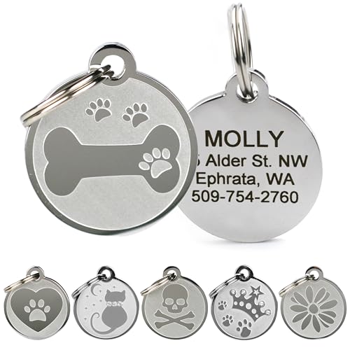 GoTags Playful, Custom Engraved Pet ID Tags, Solid Stainless Steel, Personalized Dog and Cat Pet ID with up to 4 Lines of Text, Cute, Durable and Long-Lasting - style: Dog Bone