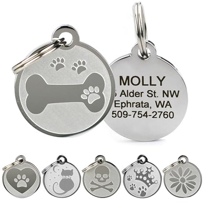GoTags Playful, Custom Engraved Pet ID Tags, Solid Stainless Steel, Personalized Dog and Cat Pet ID with up to 4 Lines of Text, Cute, Durable and Long-Lasting - style: Dog Bone