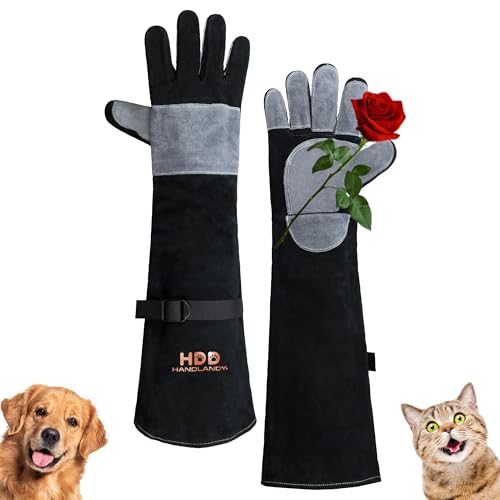 HANDLANDY Animal Handling Gloves, Bite Proof for Cat Dog Handling | Puncture & Scratch Resistant Leather Gauntlet Gloves for Dogs, Cats, Birds, Falconry, Gardening - color: Black Gray, size: 24 Inches