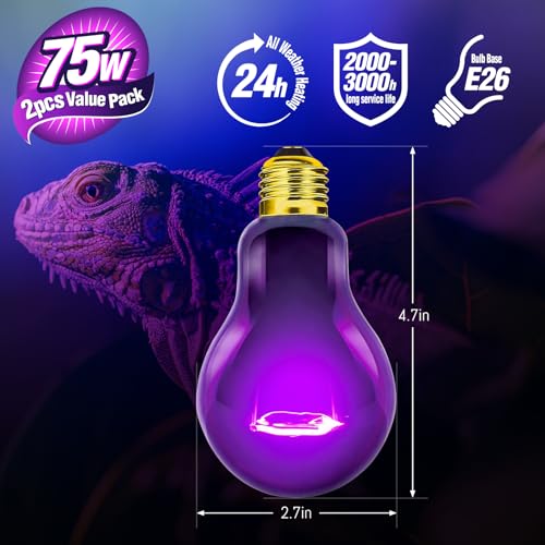 Leoterra 75W Reptile Night Heat Lamp (2 Pack) - Winter Heating for Ball Python, Leopard Gecko, Bearded Dragon - 20-40 Gallon Tank Purple Moonlight Bulb E26 2000+ Hours - style: Ambient Moonlight Aesthetic/Durable Heavy-Duty Construction /Premium Vacuum-Co